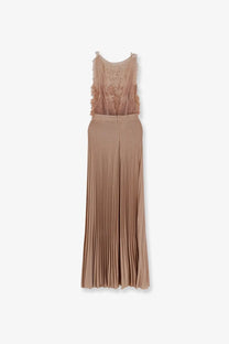 Elisabetta Franchi taupe pleated maxi dress with sheer lace bodice and ruffled details for red carpet events