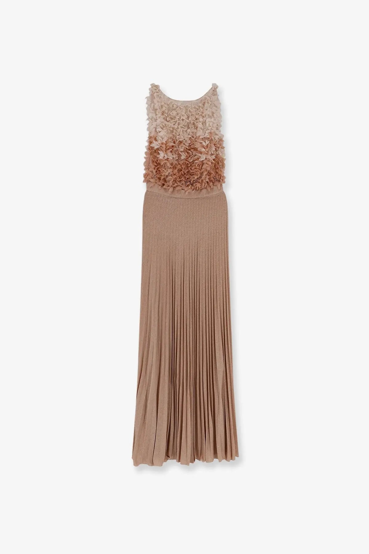 Elisabetta Franchi women’s taupe sleeveless gown with textured ruffled bodice and pleated skirt for red carpet events