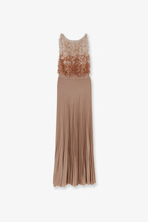 Elisabetta Franchi women’s taupe sleeveless gown with textured ruffled bodice and pleated skirt for red carpet events