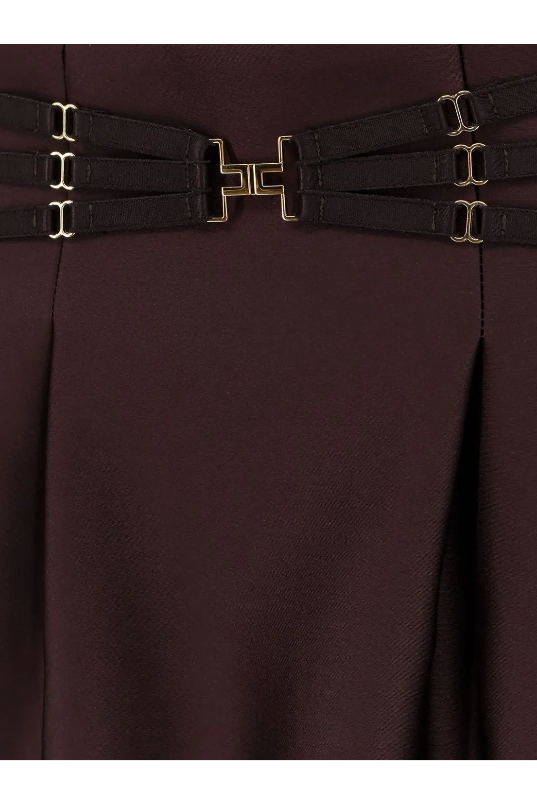 Black multi strand belt with gold toned geometric buckle and metal clasps paired with elisabetta franchi brown satin mini skirt