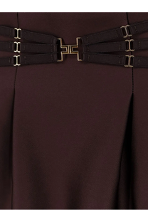Black multi strand belt with gold toned geometric buckle and metal clasps paired with elisabetta franchi brown satin mini skirt