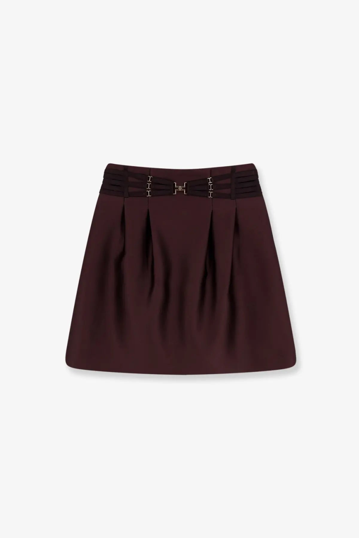 Elisabetta Franchi women’s satin mini skirt brown with dark burgundy pleats elastic waistband and metallic buckle detail