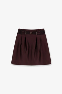Elisabetta Franchi women’s satin mini skirt brown with dark burgundy pleats elastic waistband and metallic buckle detail