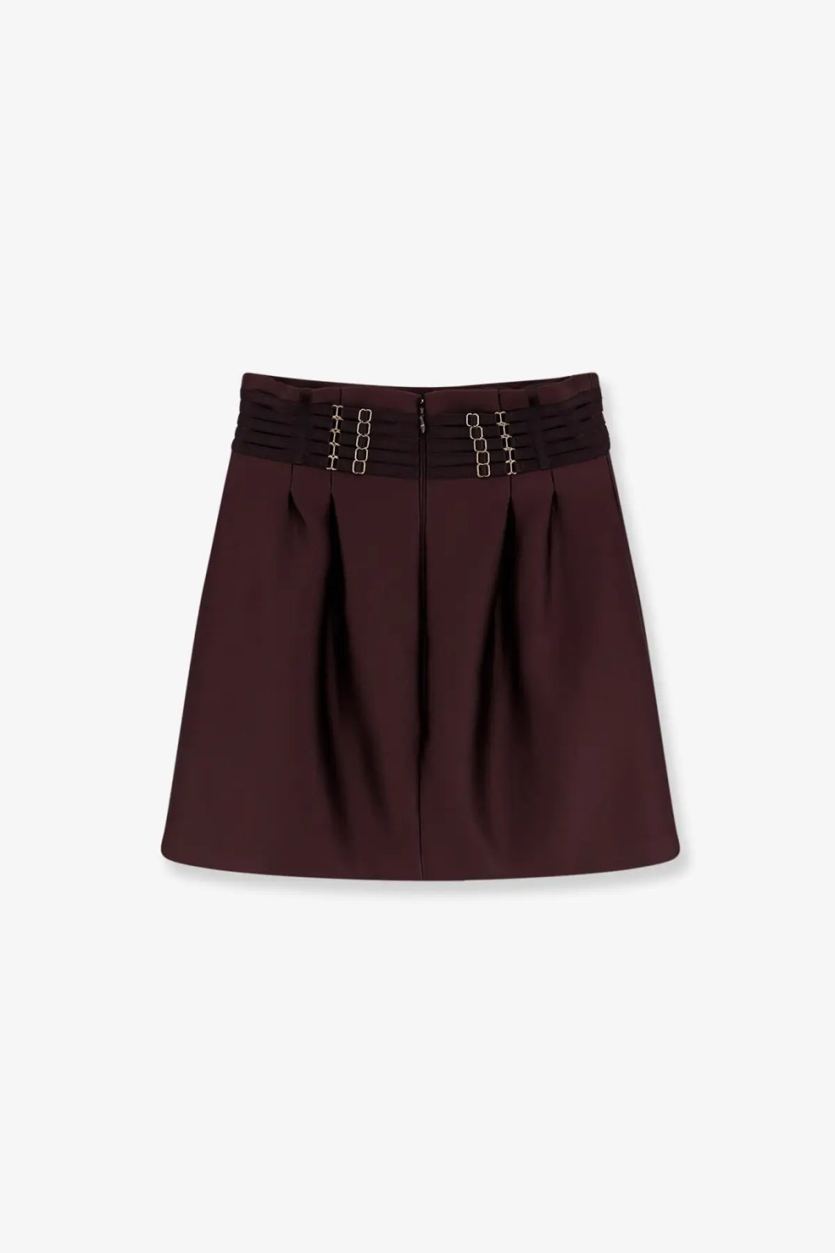 Elisabetta Franchi women’s satin mini skirt in dark burgundy with structured pleats and silver chain-link waistband detailing