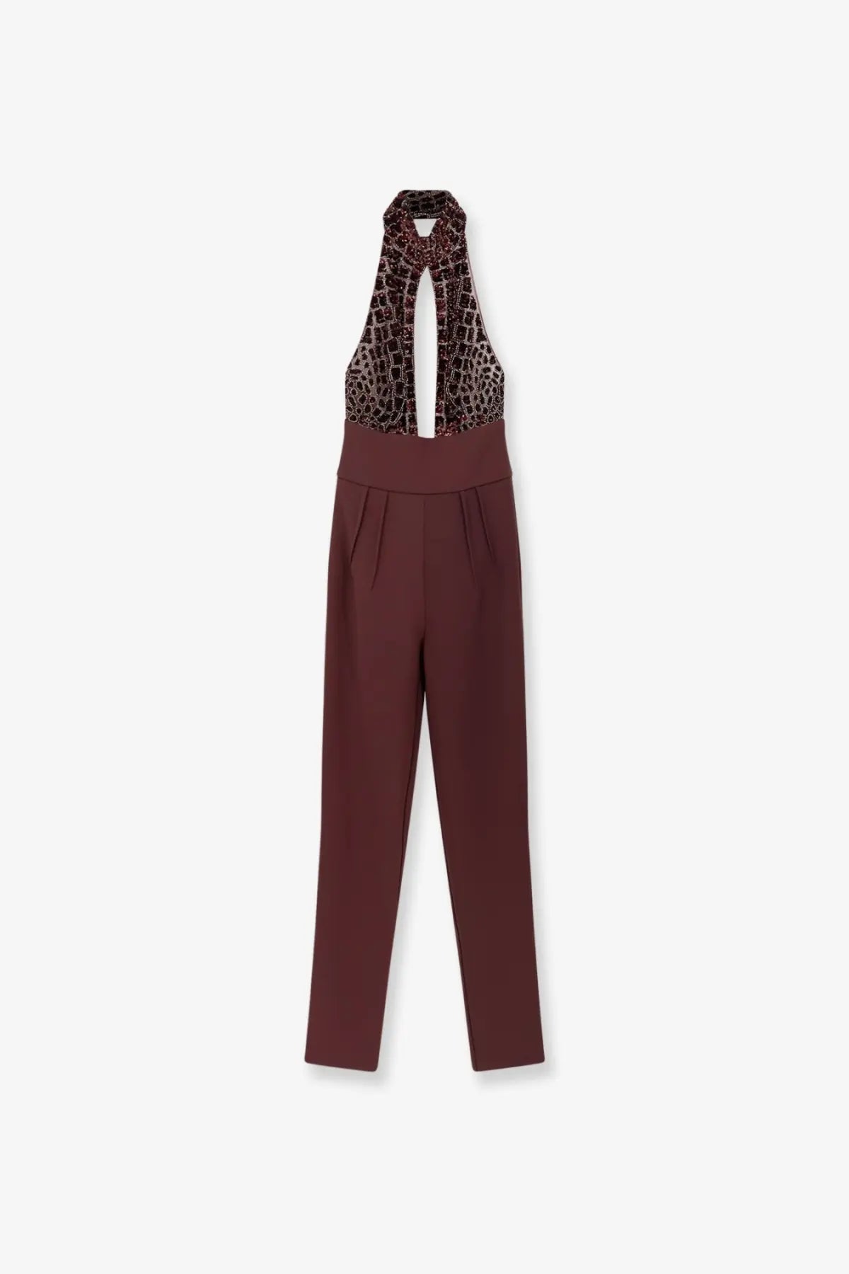 Elisabetta Franchi women’s satin suit red burgundy halter neck jumpsuit with leopard print bodice and pleated waistband