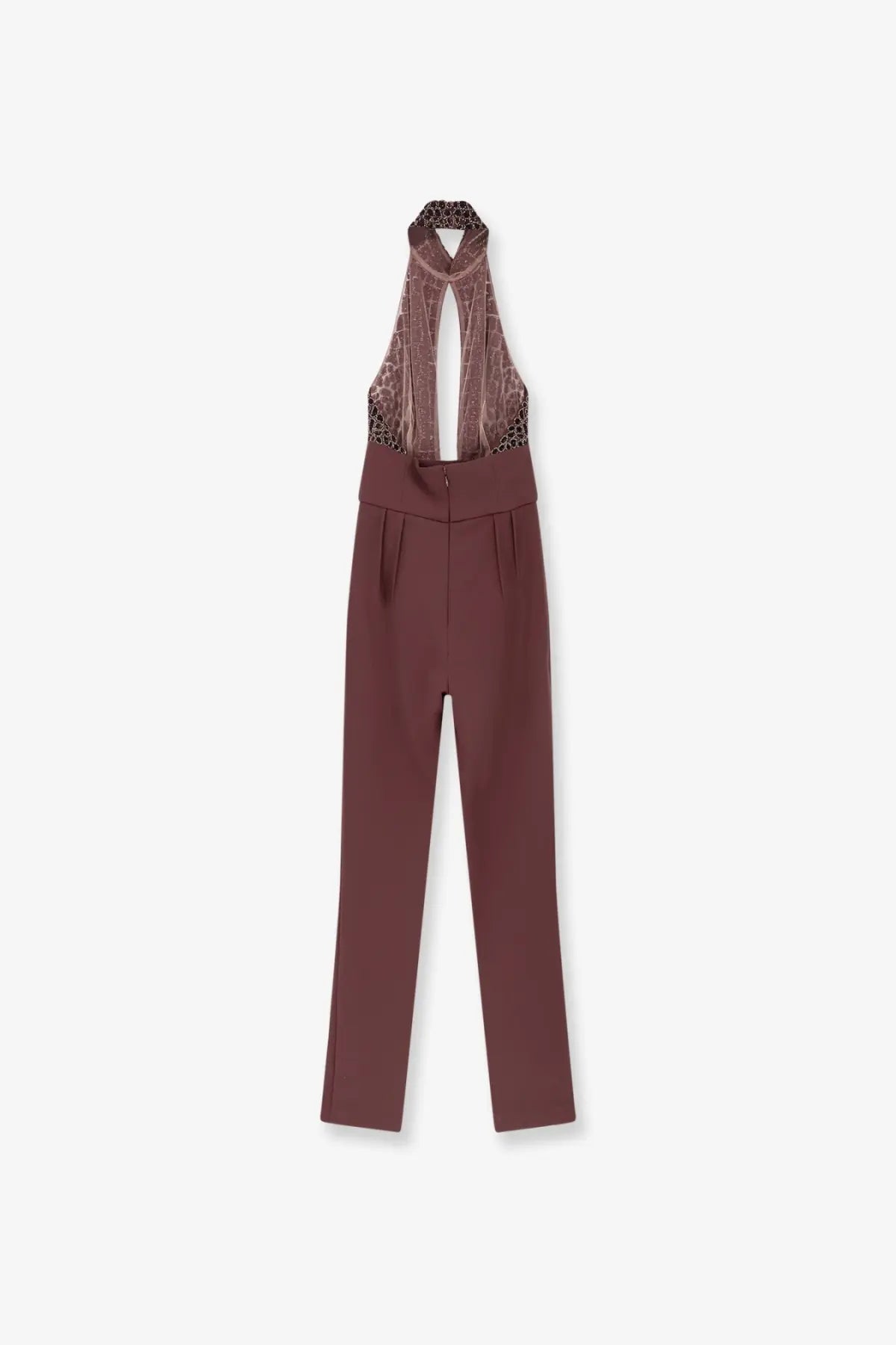 Elisabetta Franchi women’s satin suit red features a burgundy halter-neck jumpsuit with sheer patterned bodice and high-waisted trousers