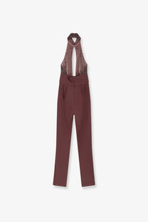 Elisabetta Franchi women’s satin suit red features a burgundy halter-neck jumpsuit with sheer patterned bodice and high-waisted trousers