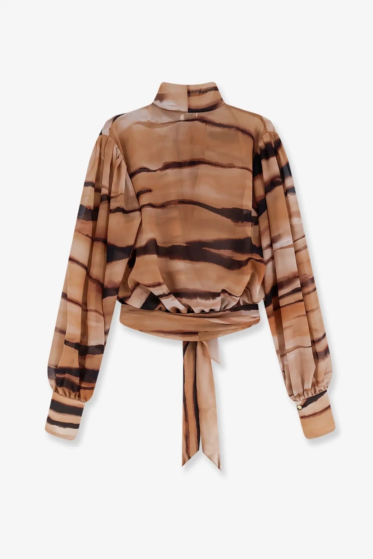 Elisabetta Franchi women’s beige tiger-striped blouse with high collar long sleeves and tied waistband