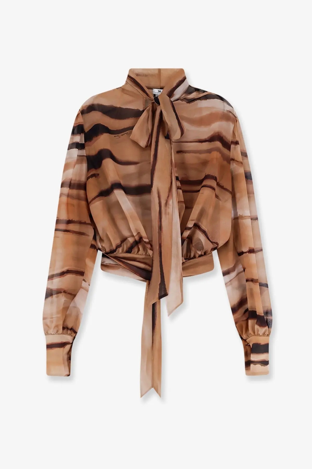 Elisabetta Franchi women’s beige long-sleeved blouse in sheer fabric with earthy wavy stripe pattern and tied necktie detail