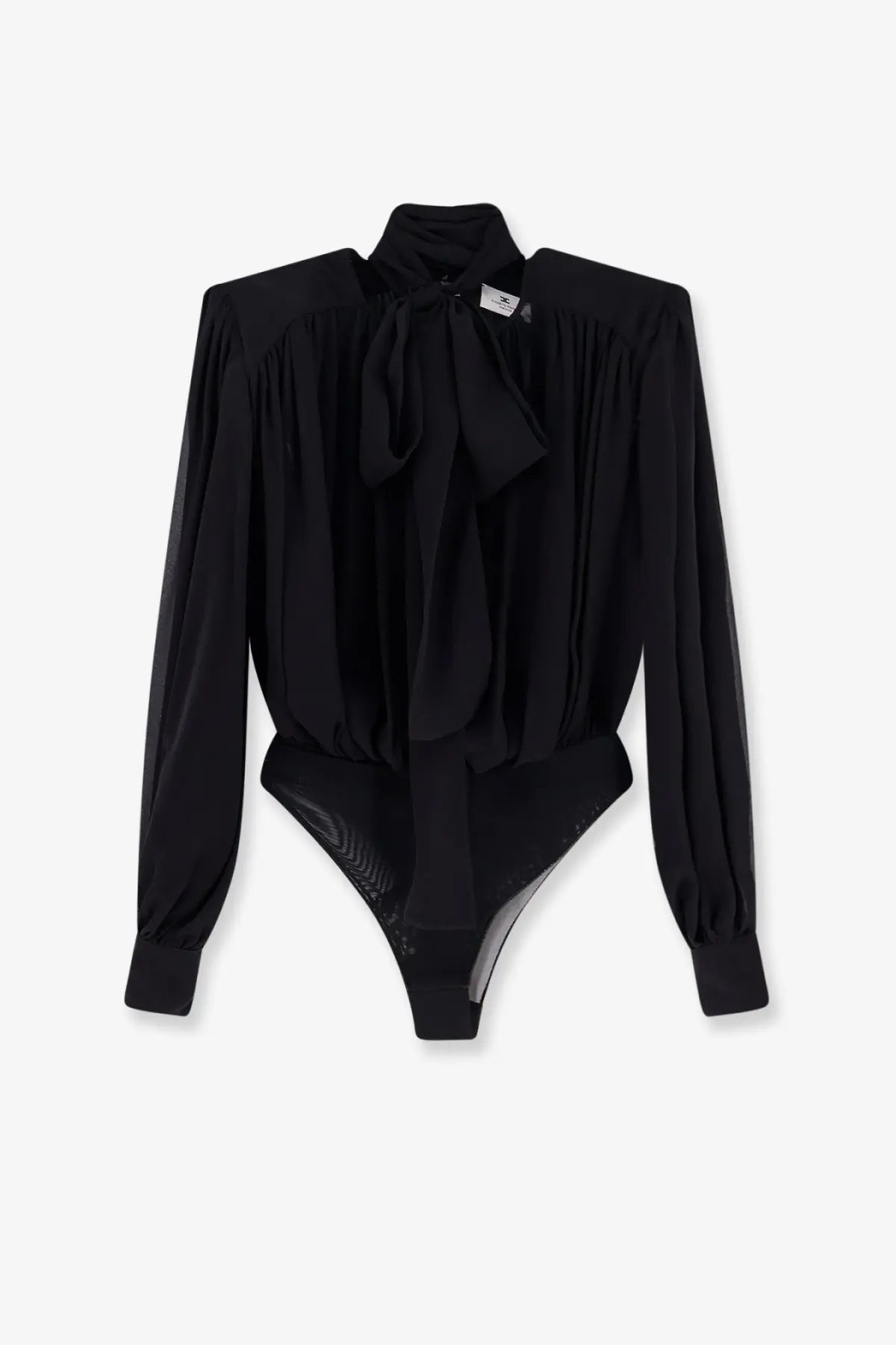 Elisabetta franchi women’s black silk shirt featuring a high collar and bow tie detail in black satin