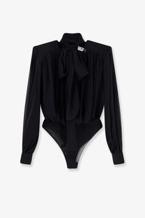 Elisabetta franchi women’s black silk shirt featuring a high collar and bow tie detail in black satin