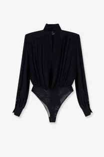 Elisabetta franchi women’s black silk blouse with sheer mesh panel at the waist for elegant wear