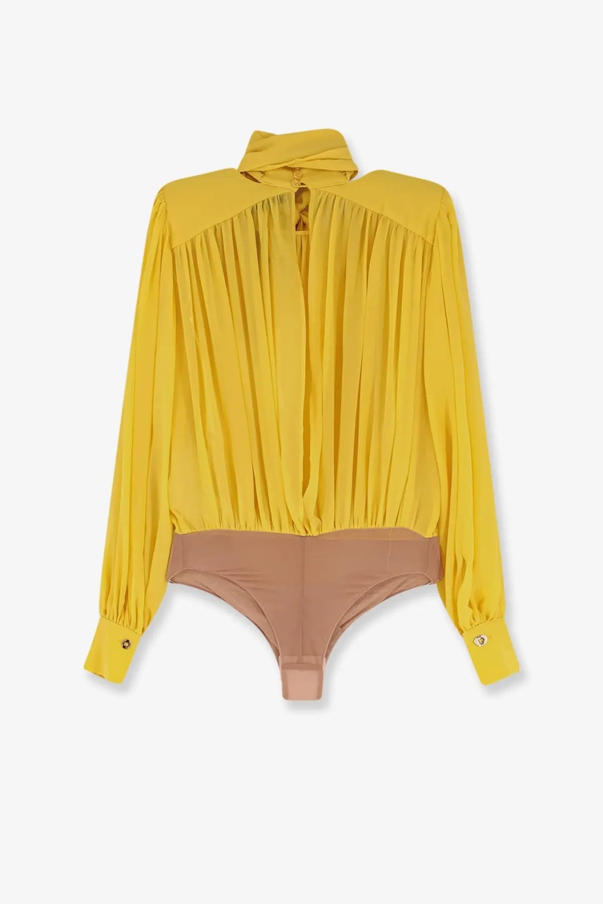 Elisabetta Franchi women’s yellow silk blouse with high neck and long sleeves over beige bodysuit