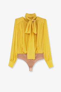 Elisabetta Franchi women’s yellow silk shirt with long sleeves tied necktie and sheer pleated fabric details