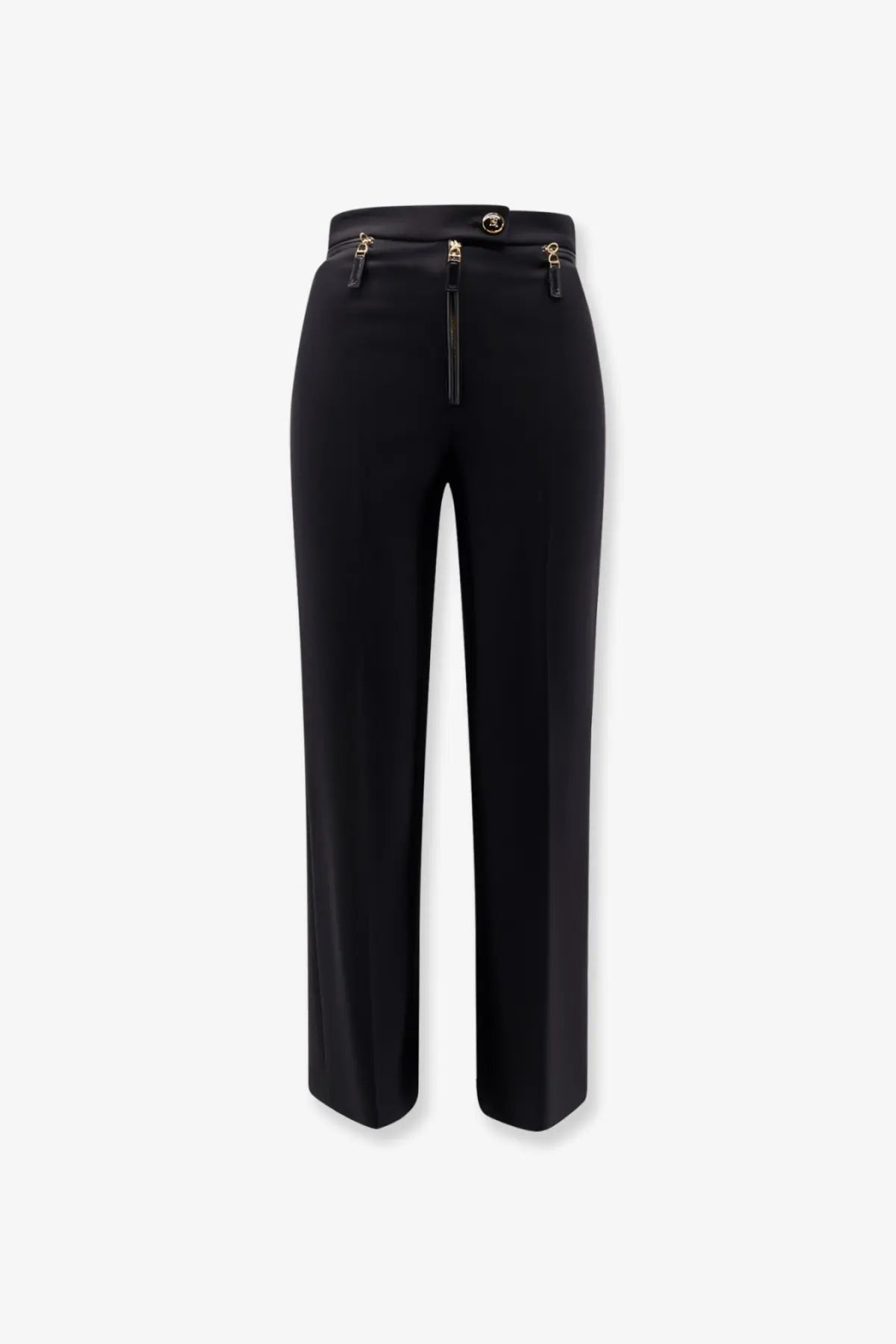 Elisabetta Franchi women’s black wide-leg trousers with gold-tone zippers and central button waist closure