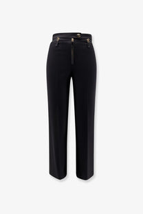 Elisabetta Franchi women’s black wide-leg trousers with gold-tone zippers and central button waist closure