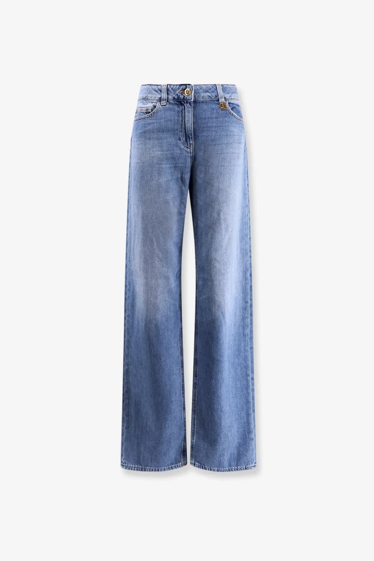 Light-wash denim wide-leg jeans with high waist and subtle fading from Elisabetta Franchi urban cotton collection