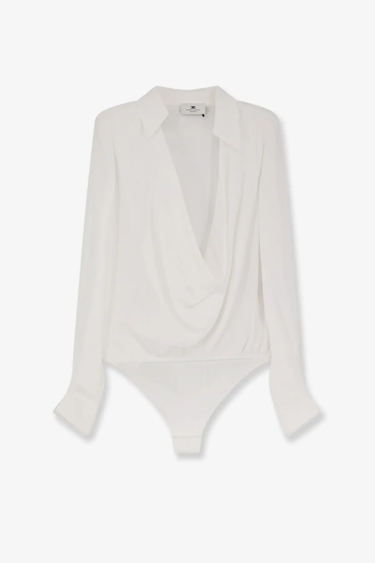 Elisabetta Franchi women’s white viscose bodysuit with long sleeves draped cowl neckline and tailored collar