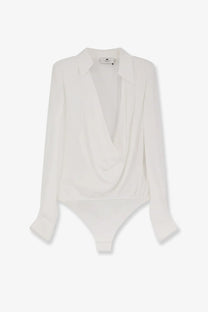 Elisabetta Franchi women’s white viscose bodysuit with long sleeves draped cowl neckline and tailored collar