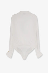 Elisabetta Franchi women’s white viscose bodysuit with long sleeves gathered waist and gold button cuffs