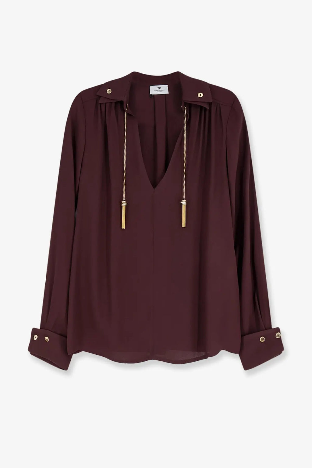 Elisabetta Franchi womens viscose burgundy silk blouse with deep v-neck long sleeves and gold-tone chain tassels