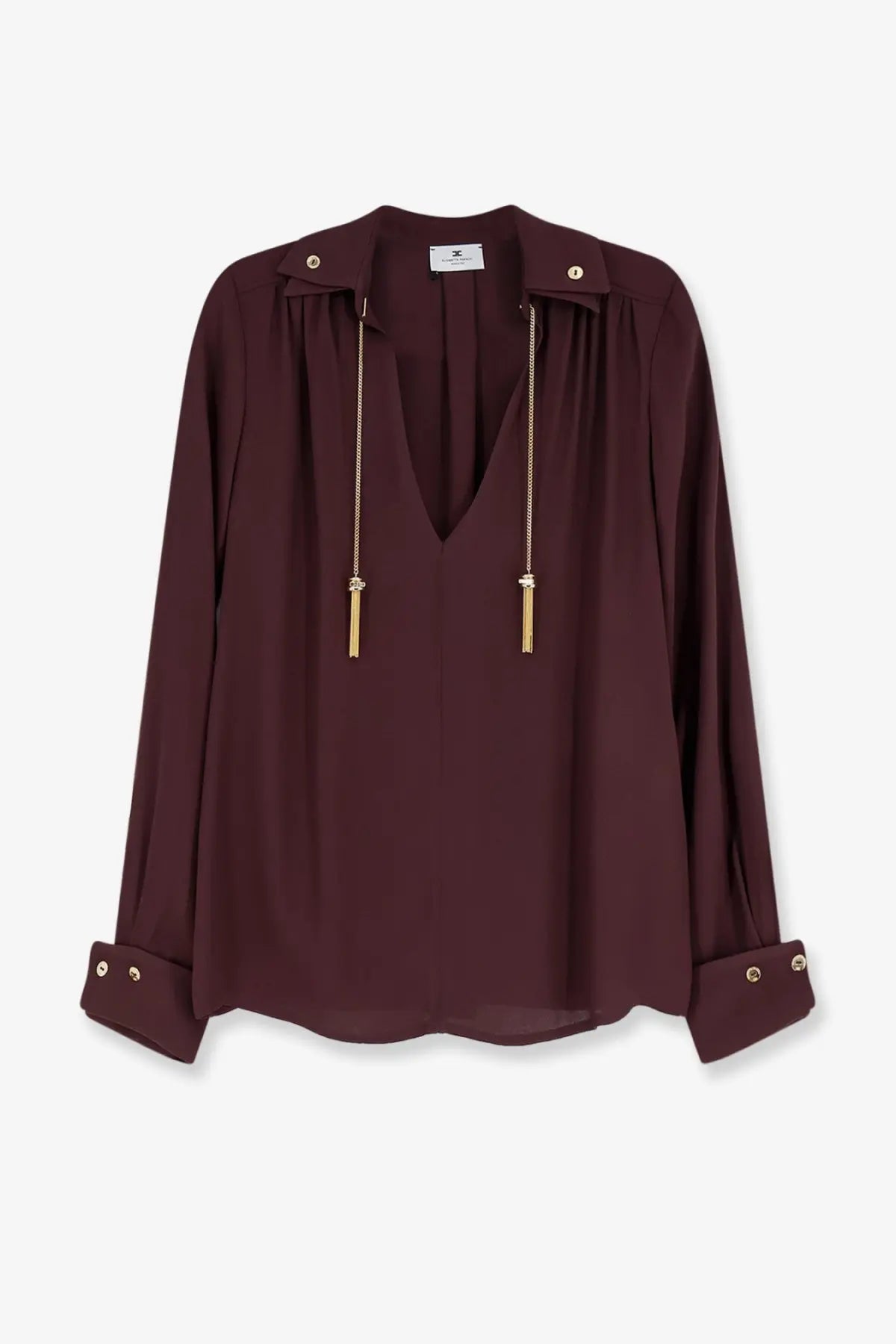 Elisabetta Franchi womens viscose burgundy silk blouse with deep v-neck long sleeves and gold-tone chain tassels