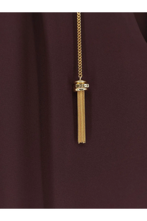 Gold chain necklace with tassel pendant featuring small rectangular stones worn with elisabetta franchi brown viscose shirt
