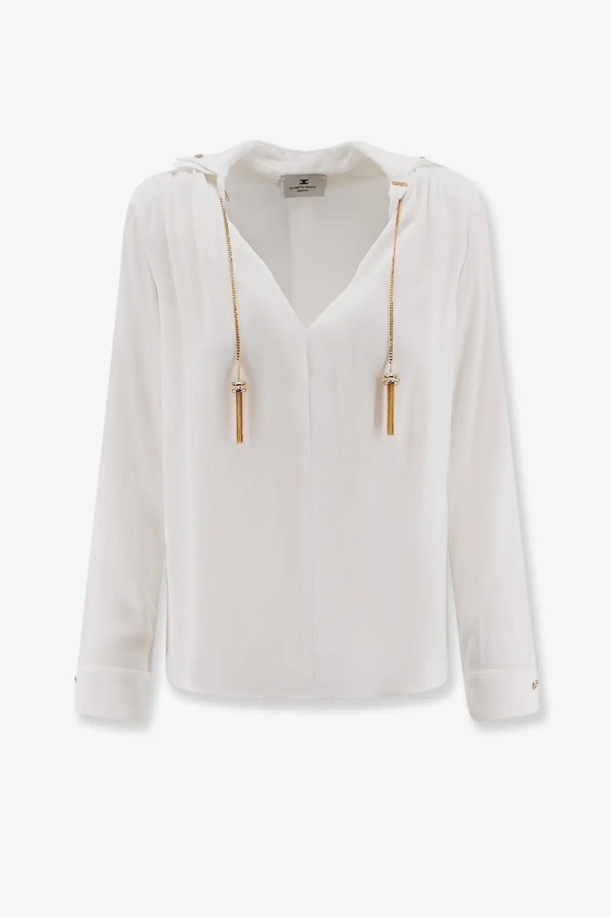White satin viscose blouse by elisabetta franchi with gold-tone zipper pulls and tassels