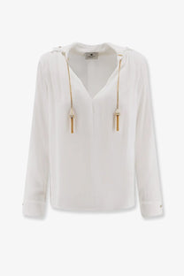 White satin viscose blouse by elisabetta franchi with gold-tone zipper pulls and tassels
