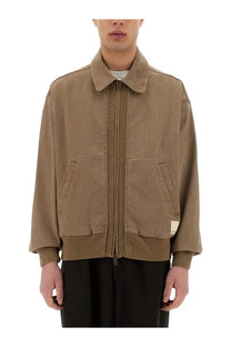 Emporio Armani men’s brown blouson jacket in tan corduroy with ribbed cuffs waistband and textured vertical zipper placket