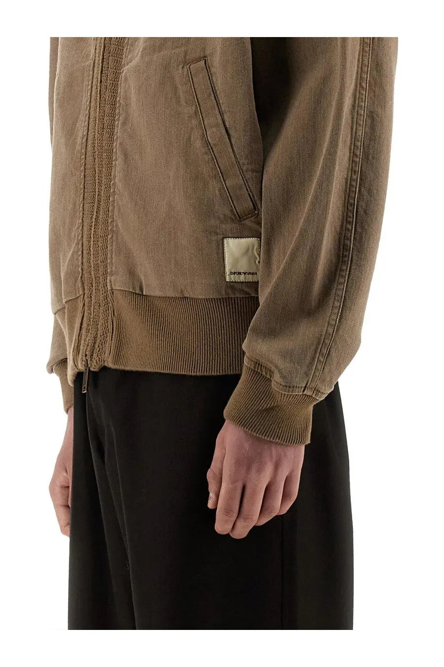 Emporio Armani men’s brown tan corduroy bomber jacket with ribbed cuffs and waistband and textured front panel