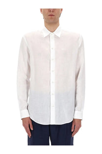 Emporio Armani men’s white long-sleeved button-down shirt with linen-like fabric and gradient fade hem