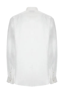 Emporio Armani men’s white long-sleeved button-down shirt with crisp collar and subtle textured fabric