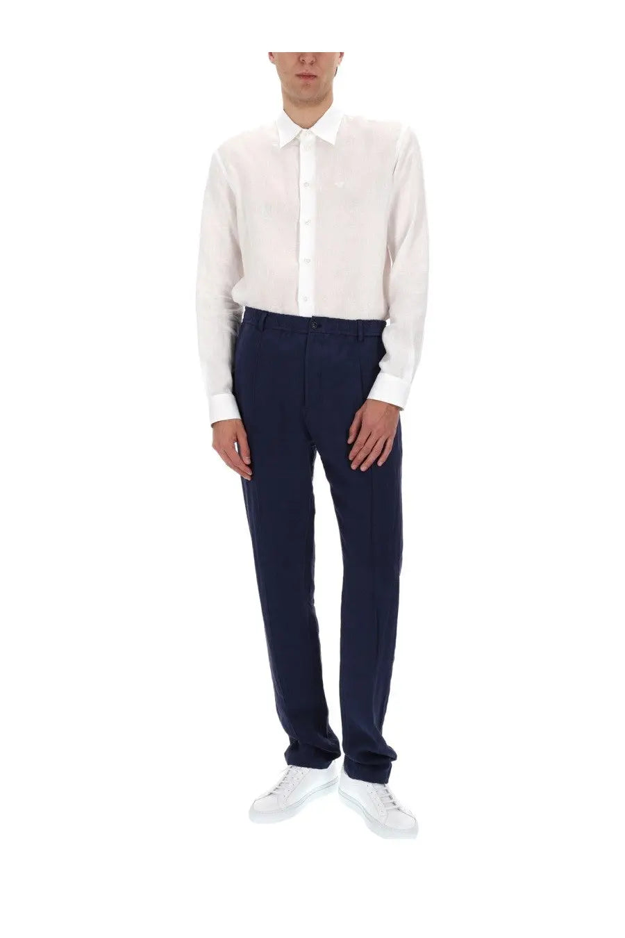 Emporio armani men’s navy blue tailored trousers with a straight-leg cut and subtle creasing at the waistband