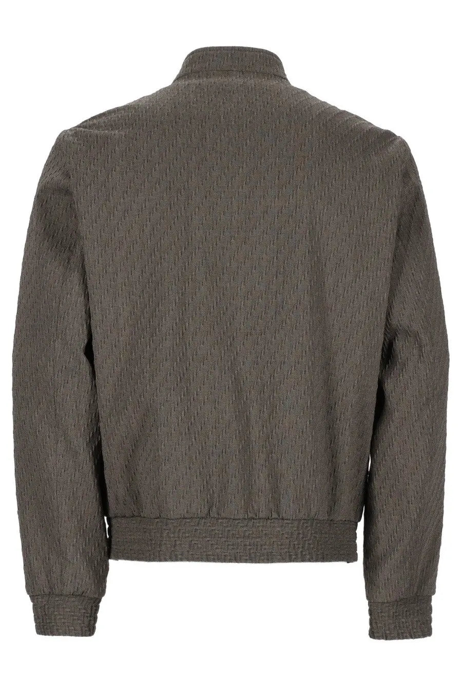 Emporio Armani men’s gray bomber jacket with subtle diagonal pattern and ribbed cuffs and hem