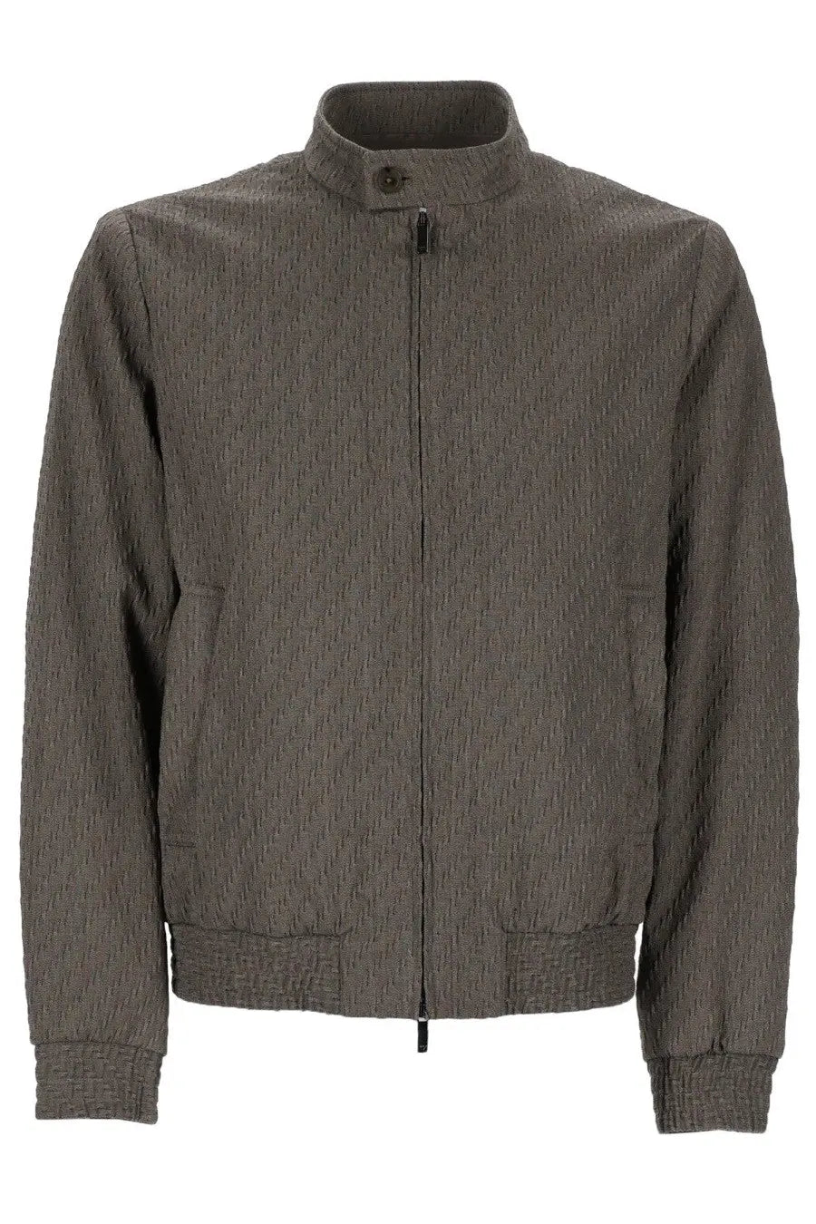 Emporio Armani men’s giacca blouson grey bomber jacket with subtle geometric pattern and ribbed cuffs in dark gray