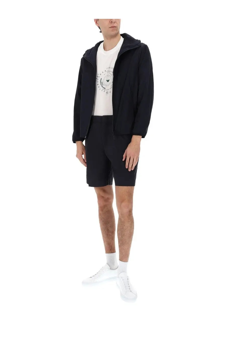 Emporio Armani men’s black hooded jacket with sleek modern design and subtle chest branding in blue zip style