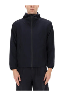 Emporio Armani men’s blue hooded jacket with sleek minimalist design and subtle zipper details