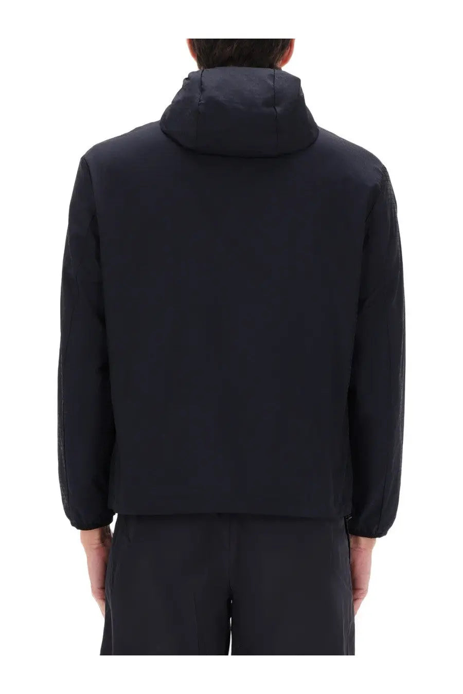 Emporio armani men’s black hooded jacket with sleek minimalist design and subtle seam detailing