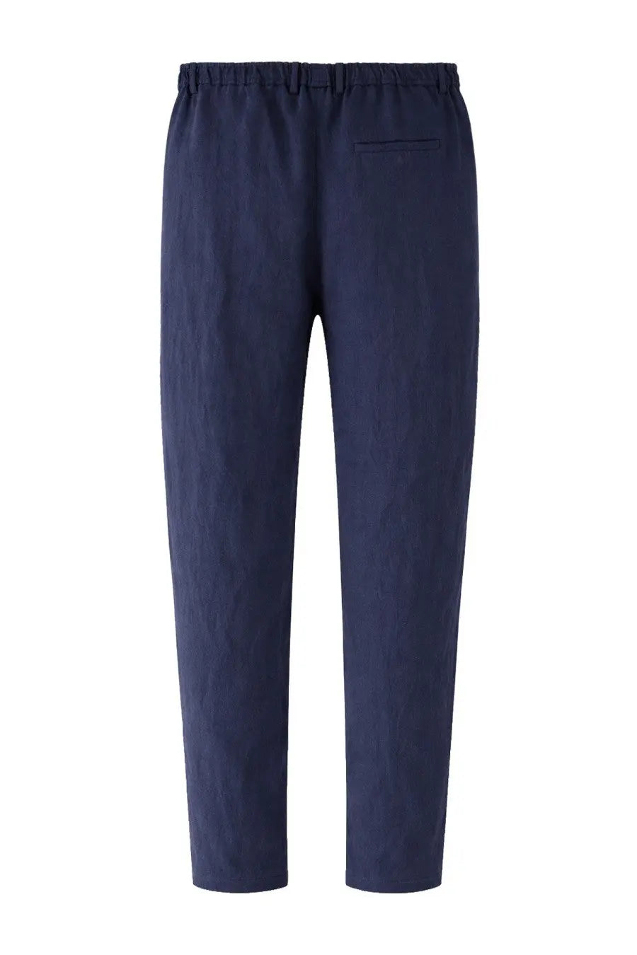 Empireo armani men’s pantalone in lino blue navy blue linen trousers with elastic waistband and single back pocket back side view