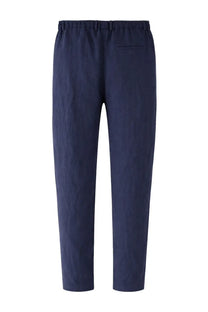 Empireo armani men’s pantalone in lino blue navy blue linen trousers with elastic waistband and single back pocket back side view