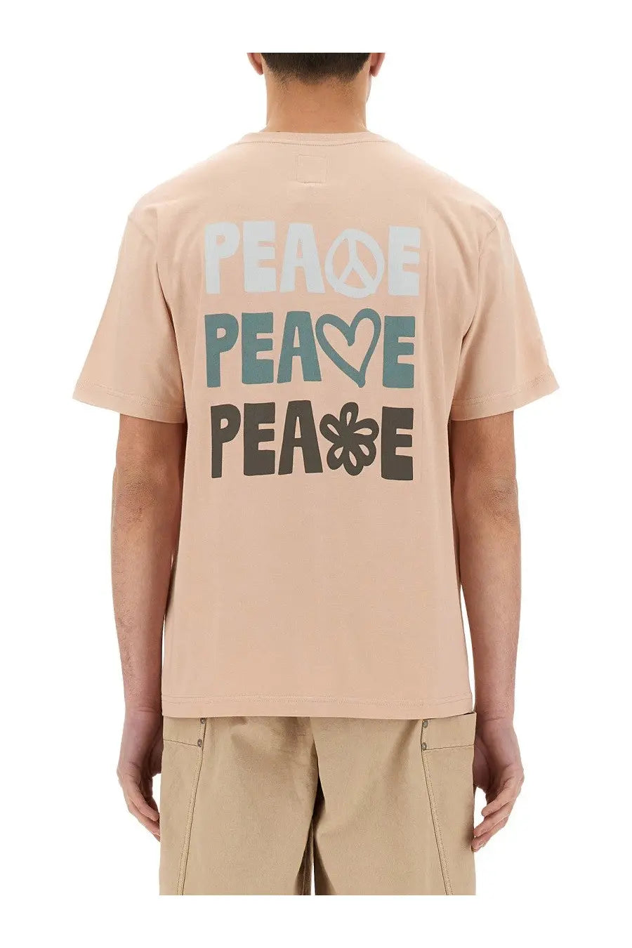 Back of beige short-sleeved shirt with bold peace print featuring symbols by emporio armani men in blue product line