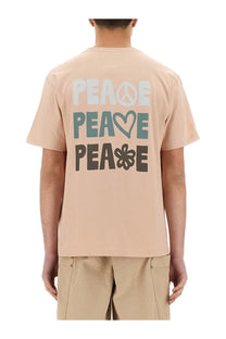 Back of beige short-sleeved shirt with bold peace print featuring symbols by emporio armani men in blue product line