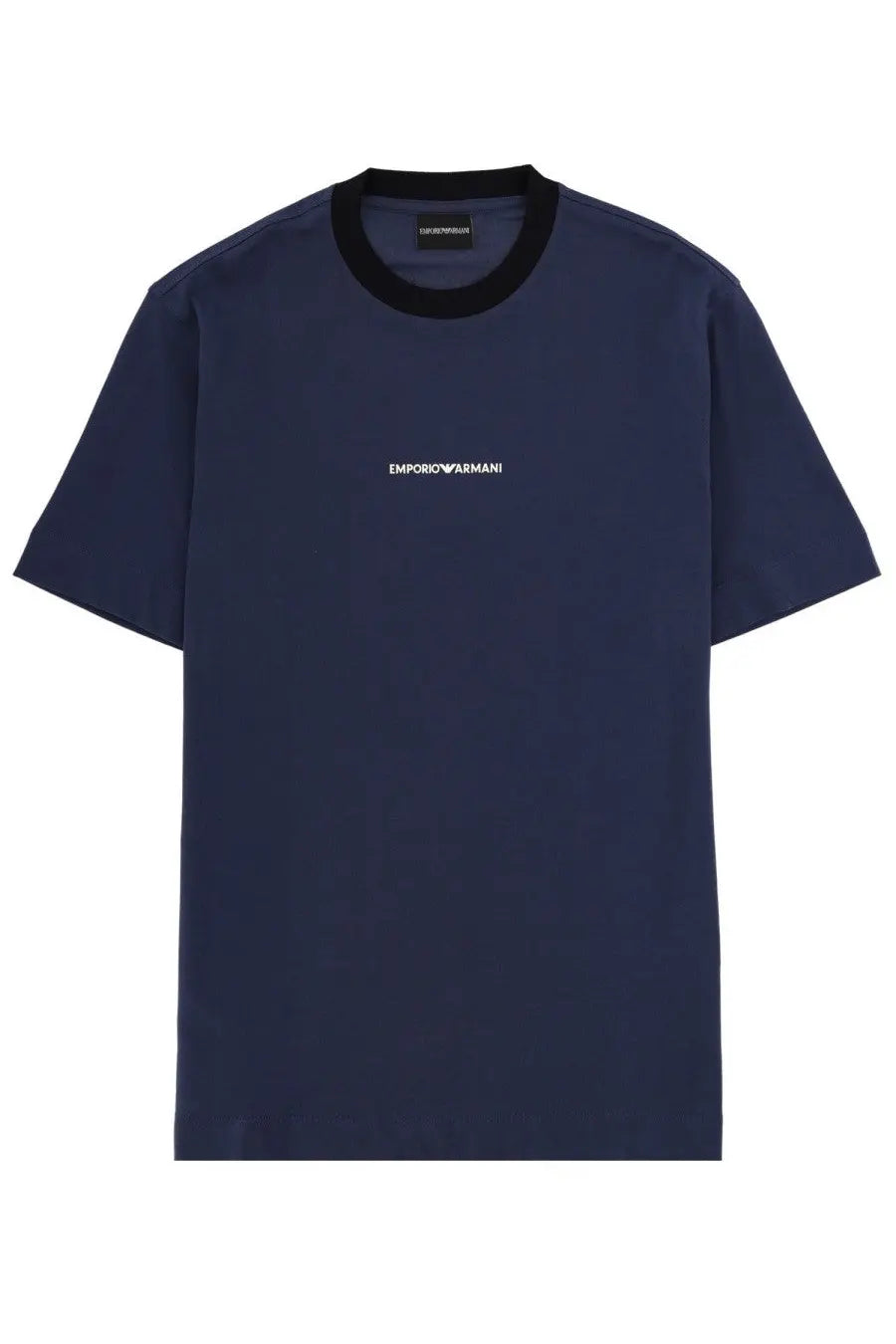 Navy blue emporio armani men’s short-sleeved t-shirt with black ribbed crew neck and white logo embroidery across chest