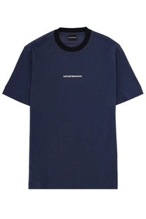 Navy blue emporio armani men’s short-sleeved t-shirt with black ribbed crew neck and white logo embroidery across chest