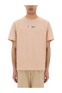 Soft peach cotton t-shirt with subtle multicolored pove embroidery across the chest in Emporio Armani men’s shirt blue style