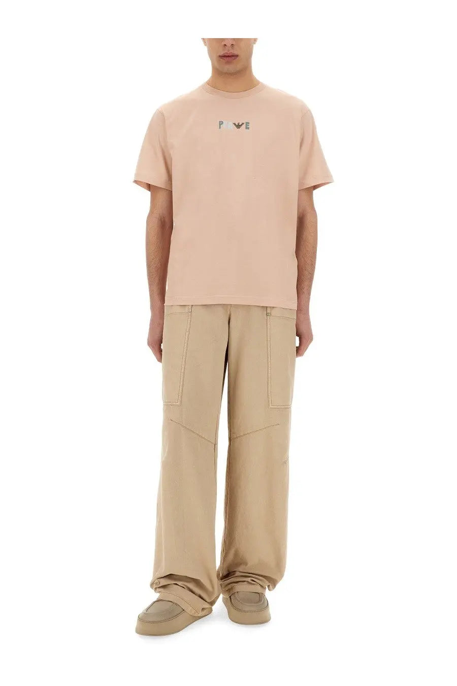 Emporio Armani men’s soft peach short-sleeved t-shirt with subtle embroidered logo on the chest