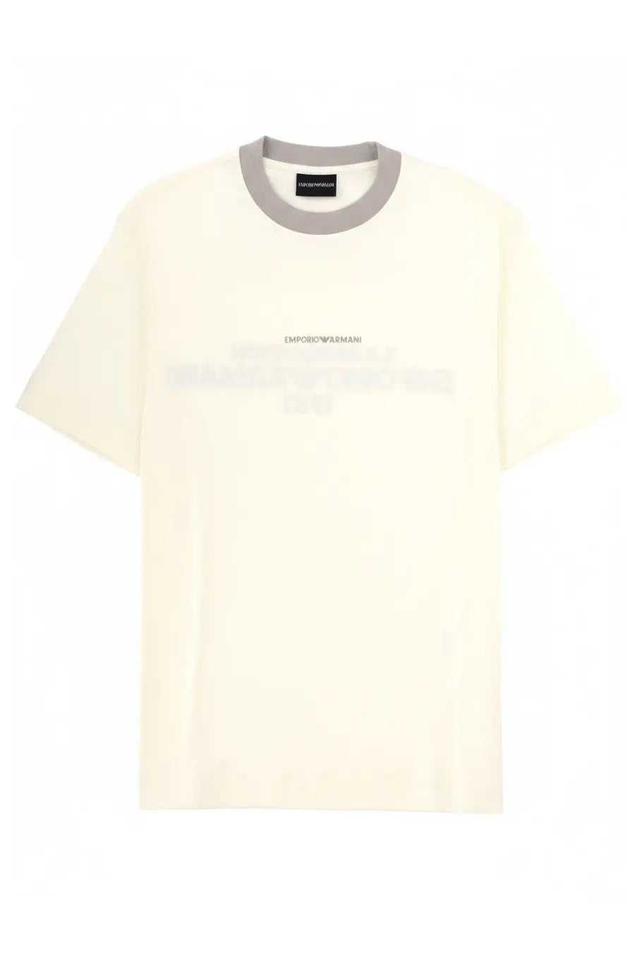 Emporio Armani men’s cream t-shirt with gray ribbed crew neck and subtle logo printed across the chest