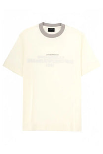 Emporio Armani men’s cream t-shirt with gray ribbed crew neck and subtle logo printed across the chest