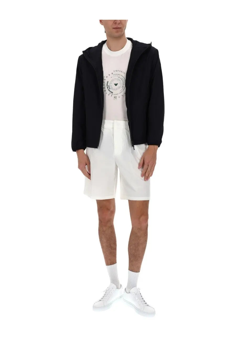 Black emporio armani hooded jacket with sleek modern design paired with emporio armani men’s white cotone shorts